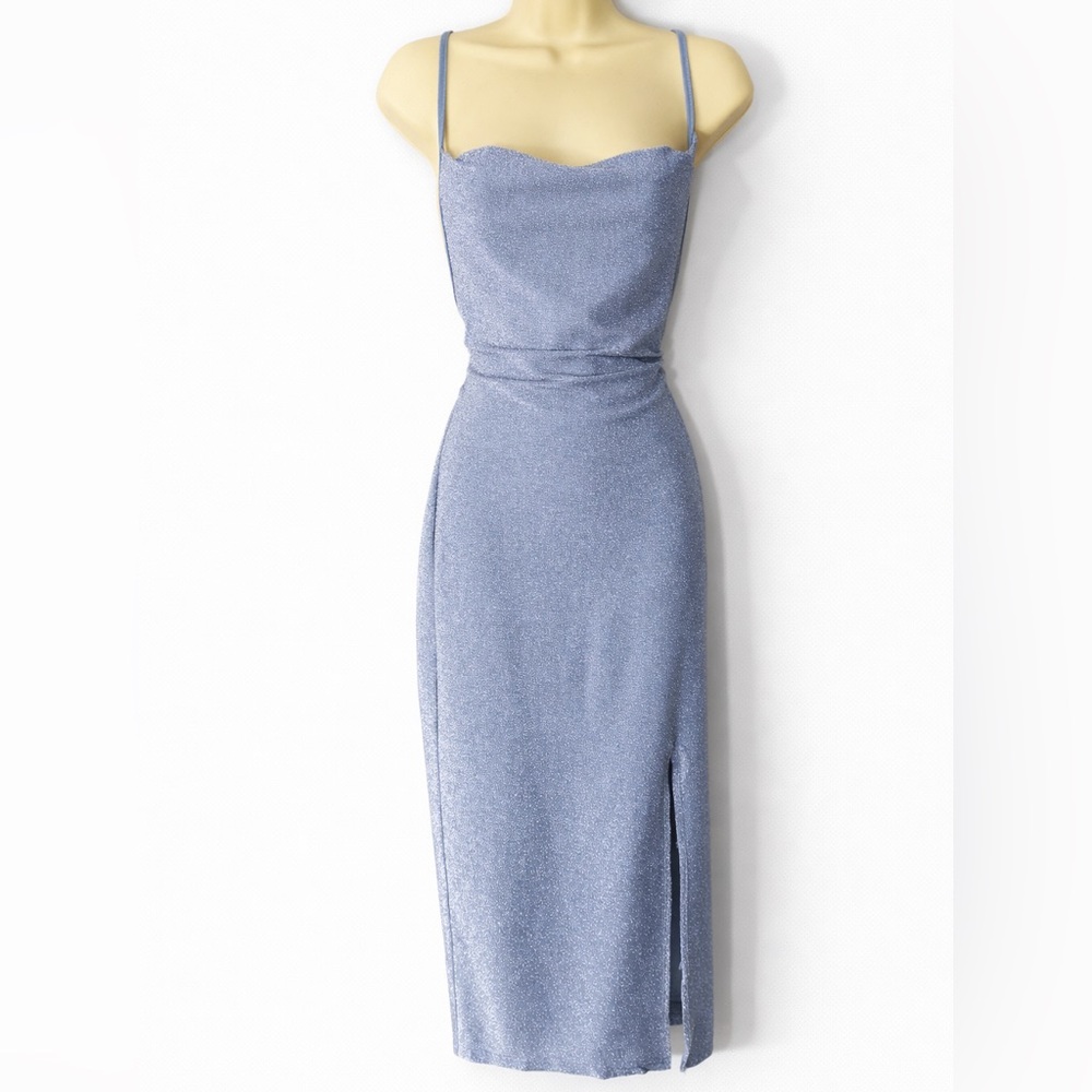 SHEIN Blue Cowl Neck Open Back Bodycon Dress Medium Spaghetti Strap Slit Midi - Picture 3 of 8